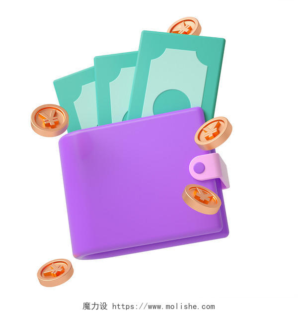 紫色卡通3D立体金币钱包元素